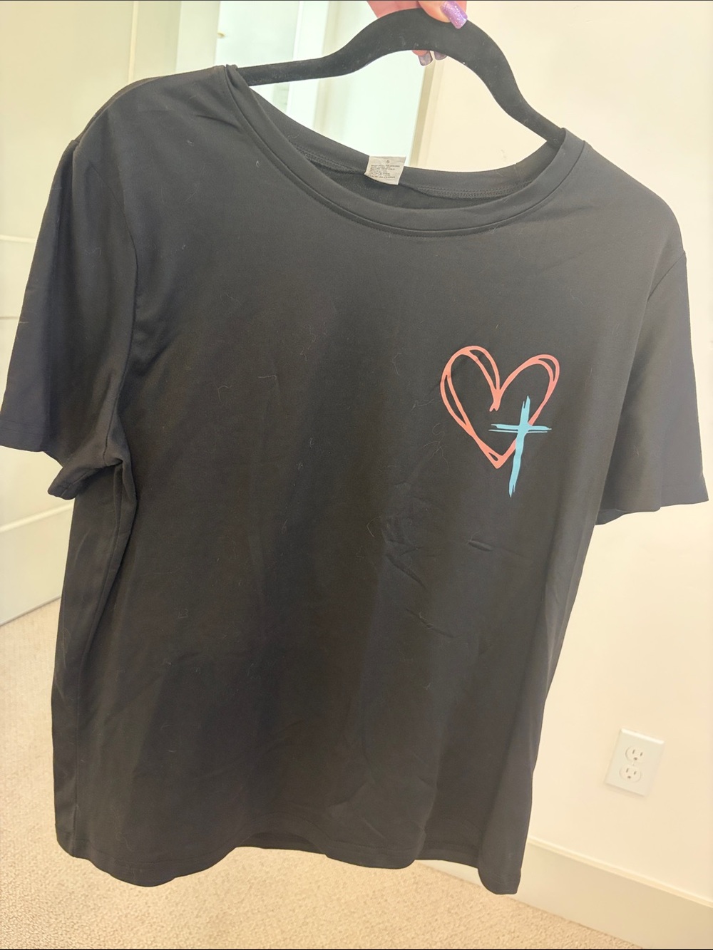 Black Short Sleeve Tee with Coral Heart & Teal Cross Graphic
